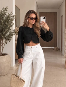 Women Fall Fashion Elegant Casual Black Button Front Long Sleeve Cropped Top For Office Going Out Vacation - Black - View 3