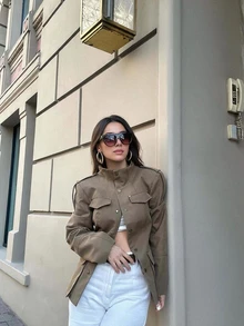 Women's Strappy Pocket Stand Collar Long Sleeve Jacket, Elegant, Suitable For Autumn - Apricot - View 1