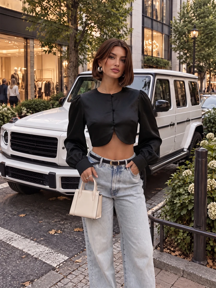 Women Fall Fashion Elegant Casual Black Button Front Long Sleeve Cropped Top For Office Going Out Vacation - Black - View 1
