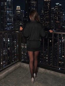 Women Fall Fashion Elegant Sexy Black Long Sleeve Ruched Mini Dress For Hoco Going Out Party Vacation - Black - View 4