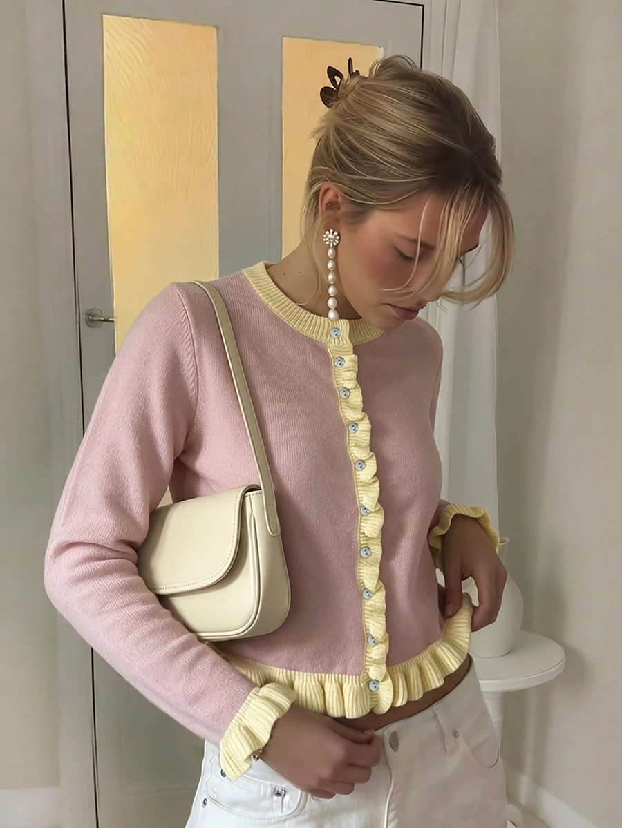 Spring/Summer New Women's Minimalist Elegant Contrast Color Ruffle Trim Cardigan
