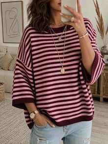 Women's New Autumn Contrast Color Striped Knit Top, Casual Daily Wear, Preppy Style - Maroon and Pink - View 6