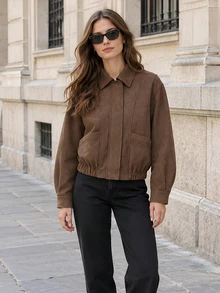 Women's Brown Faux Suede Loose Fit Aviator Jacket With Turn-Down Collar, Elastic Hem, Long Sleeves And Pockets - Brown - View 2