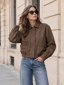 Women's Brown Faux Suede Loose Fit Aviator Jacket With Turn-Down Collar, Elastic Hem, Long Sleeves And Pockets - Brown - View 1