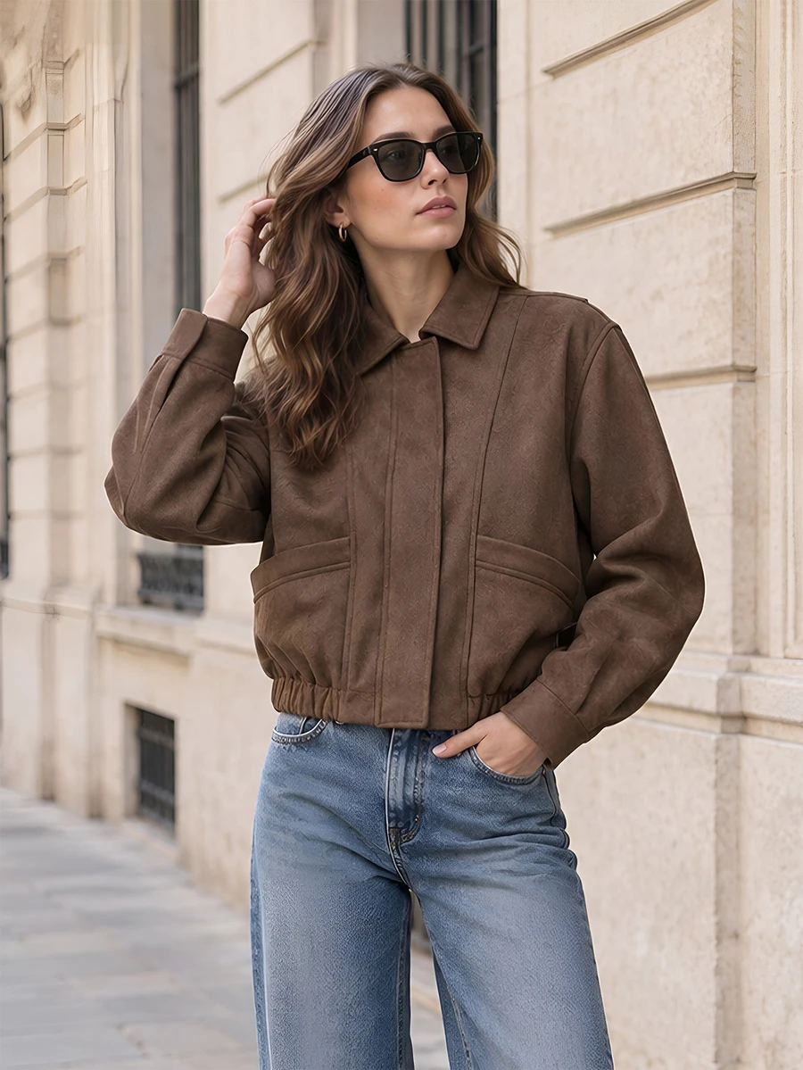 Women's Brown Faux Suede Loose Fit Aviator Jacket With Turn-Down Collar, Elastic Hem, Long Sleeves And Pockets - Brown - View 1