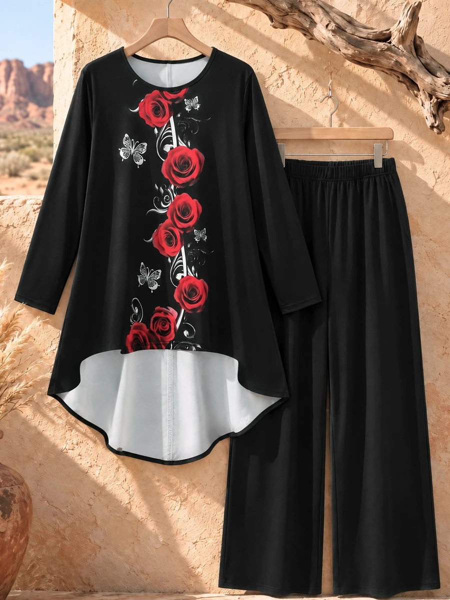 Plus Size Women's Fashion Floral Print Pattern Front Short Back Long Long Sleeve Pants With Pockets 2-Piece Set - Black - View 1