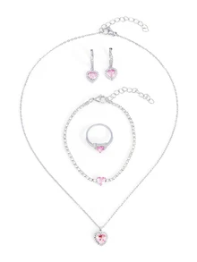 Okurime. 5pcs Shiny Cubic Zirconia Heart Jewelry Set Including Bracelet, Earrings, Ring, Necklace, Suitable For Women Date, Party - Silver - View 3