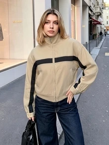 Women's Khaki Loose Zipper Stand Collar Jacket Coat, With Pockets, Spring Autumn Contrast Stripe Outerwear - Khaki - View 9