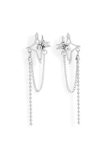 Okurime. 1 Pair Fashionable High-End Pentagram Earrings, Zinc Alloy Chain Tassel Earrings, Exquisite European-American Style Ear Pendants - Silver - View 2