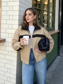 Women's Khaki Loose Zipper Stand Collar Jacket Coat, With Pockets, Spring Autumn Contrast Stripe Outerwear - Khaki - View 8