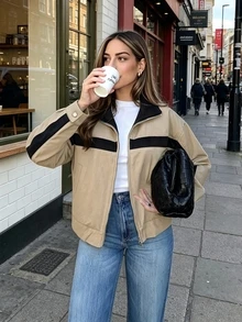 Women's Khaki Loose Zipper Stand Collar Jacket Coat, With Pockets, Spring Autumn Contrast Stripe Outerwear - Khaki - View 11