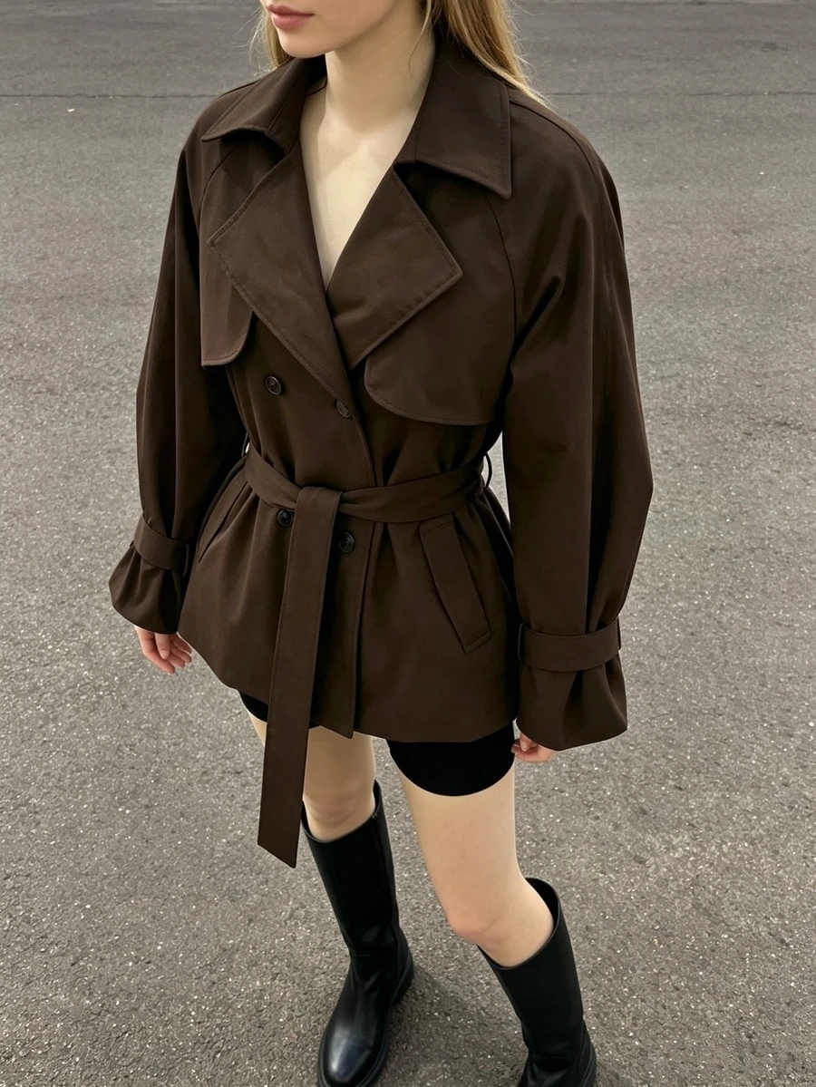 Women's Solid Color Waist Tie Fashion Versatile Daily Casual Trench Coat Jacket - Mocha Brown - View 1