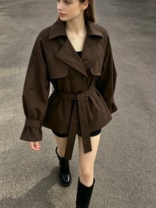 Women's Solid Color Waist Tie Fashion Versatile Daily Casual Trench Coat Jacket - Mocha Brown - View 2