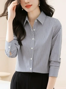 Women's Striped Long Sleeve Button-Up Collar Shirt, Suitable For Autumn Office Wear, Non-Stretch Polyester Fabric, Regular Fit. - Navy Blue - View 3
