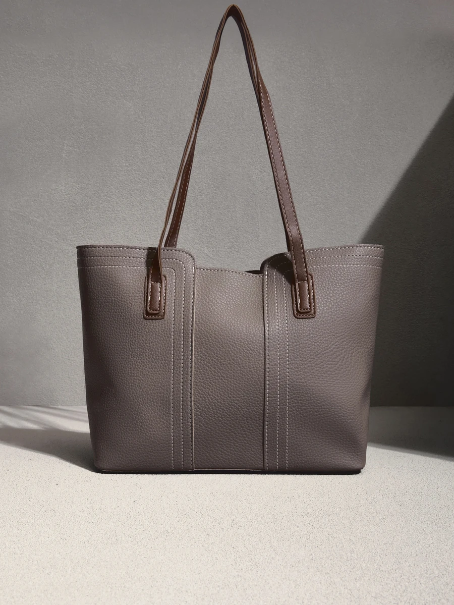 NobleVue Vintage Lychee Pattern Large Capacity Tote Bag Women Shoulder Bag School Bag,Large Capacity - Khaki - View 1