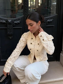Women's Vintage Lace Top, Military Style Button-Front Puff Sleeve Elegant Blouse - Apricot - View 2