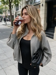 Women's Plaid Loose Short Jacket, Stand Collar With Pockets Long Sleeve Lightweight Coat - Black and White - View 2