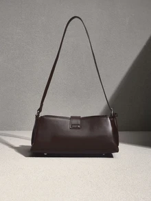 NobleVue Minimalist Leather Texture Shoulder Bag, Lockable Design Casual Crossbody Bag - Coffee - View 3