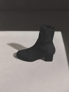 NobleVue 2025 Autumn/Winter New Black Square Toe Mid-Calf Boots For Women, High Heel Chunky Heel Elastic Boots - Black - View 1