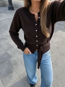 Women's Autumn/Winter Knit Cardigan, Y2K Casual Style, Round Neck Long Sleeve Coffee Color Knit Top, Suitable For Daily Wear And Commuting - Dark Coffee - View 3