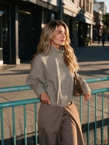 Women's Plaid Loose Short Jacket, Stand Collar With Pockets Long Sleeve Lightweight Coat - Black and White - View 9