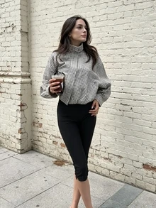 Women's Plaid Loose Short Jacket, Stand Collar With Pockets Long Sleeve Lightweight Coat - Black and White - View 11