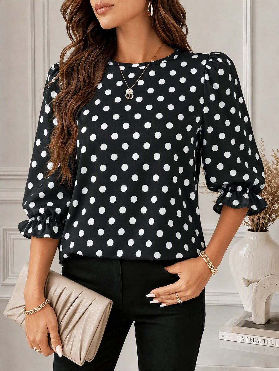 Plus Size Women Polka Dot Contrast Color Casual Round Neck Long Sleeve Top For Vacation Daily Commute - Black - View 1