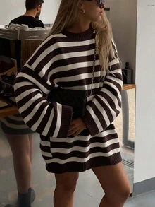 Women's New Minimalist Versatile Casual Striped Drop Shoulder Long Sleeve Sweater - Coffee and Off-white - View 2