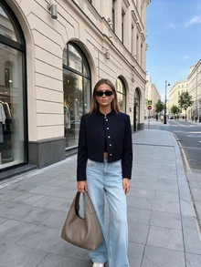 Women's Fashion Navy Blue Short Military Style Jacket, Stand Collar Long Sleeve Front Button Closure Coat, Suitable For Winter - Navy Blue - View 3