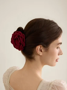 Rylithe 1pc Fabric Multi-Layer Rose Flower Hair Claw Clip, Large Size Hair Clips Vacation Woman Summer Beach Holiday Essential - Burgundy - View 2