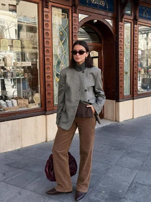Women's Vintage Grey Oversized Blazer, Casual Autumn/Winter Outfit, Halloween Style - Grey - View 2