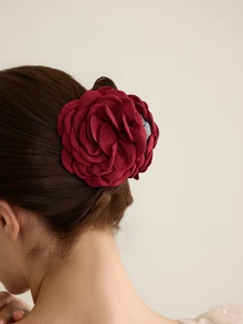 Rylithe 1pc Fabric Multi-Layer Rose Flower Hair Claw Clip, Large Size Hair Clips Vacation Woman Summer Beach Holiday Essential - Burgundy - View 3