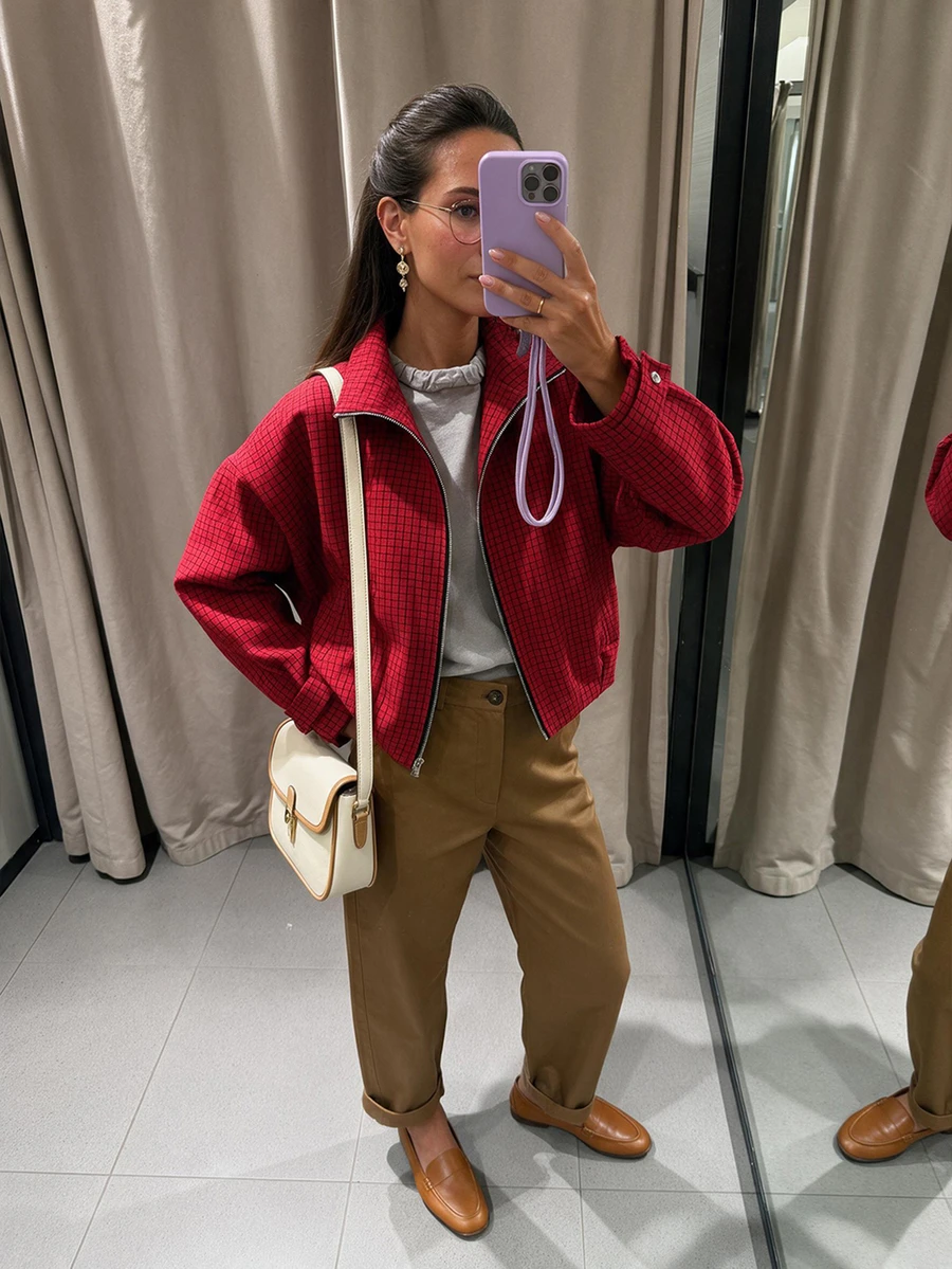 Women's Red Plaid Zipper Casual Jacket, Autumn Street Style Outerwear - Red - View 1