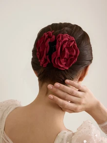 Rylithe 1pc Fabric Multi-Layer Rose Flower Hair Claw Clip, Large Size Hair Clips Vacation Woman Summer Beach Holiday Essential - Burgundy - View 1