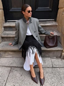 Women's Vintage Grey Oversized Blazer, Casual Autumn/Winter Outfit, Halloween Style - Grey - View 5