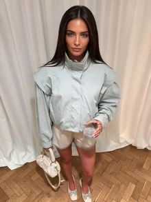 Women's High Neck Zip-Up Lightweight Jacket, Casual Solid Color Outerwear - Baby Blue - View 5