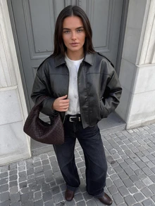Women's Vintage Aviator Jacket Drop Shoulder Leather Coat, Autumn/Winter Halloween Outfit - Black - View 5