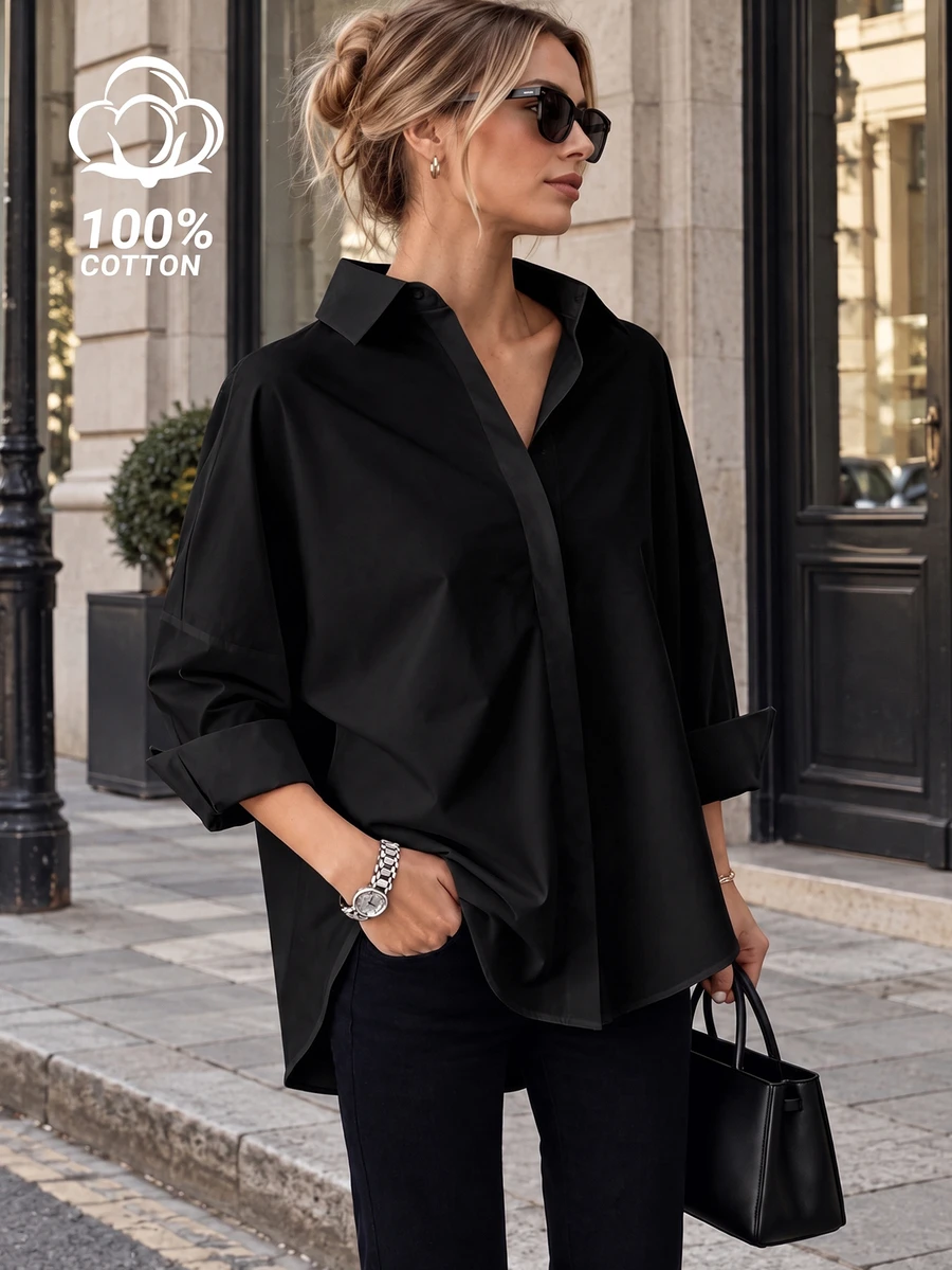 Kemeja Katun Murni Hitam Tenun Regular Fit Wanita, Lengan Panjang, Detail Kancing, Fesyen Serbaguna - Hitam - View 1