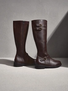 NobleVue Women's Brown Buckle Decor Fashion Knee-High Boots, Fashionable Autumn - Brown - View 3