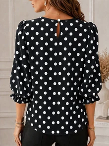 Plus Size Women Polka Dot Contrast Color Casual Round Neck Long Sleeve Top For Vacation Daily Commute - Black - View 2
