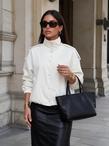 Women's Minimalist Silhouette Aviator Jacket With Stand Collar And Single-Breasted Button, Autumn Outerwear - White - View 2