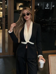 Women's Thick Comfortable Autumn/Winter Office Professional Fitted Blazer Collar Top With Contrast Shawl Collar, Button Tie And Knot Strap - Black - View 2