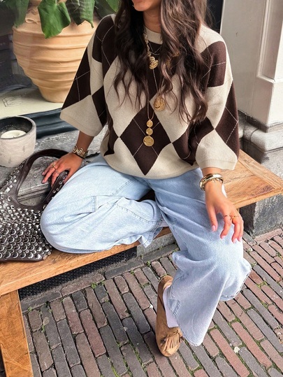 MORI Fall Winter Women Sweaters Elegant Casual Y2K Brown Argyle Pattern Crew Neck Half Sleeve Loose Knit Pullover Sweater Top Outfits