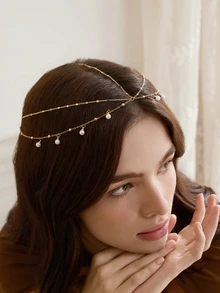 Rylithe 1pc Bohemian Rhinestone Faux Pearl Head Chain, Handmade Metal Chain Headpiece,Brides, Holiday Parties - Gold - View 1