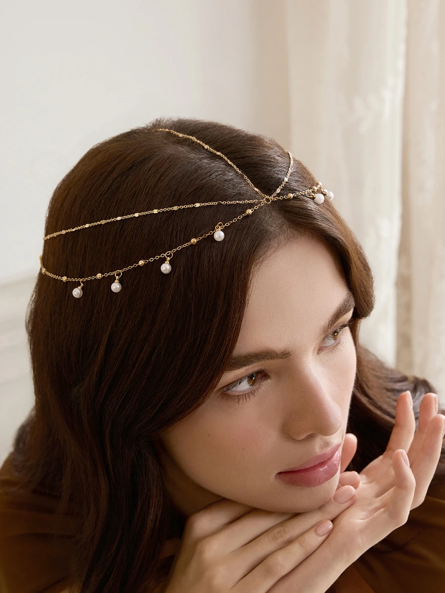 Rylithe 1pc Bohemian Rhinestone Faux Pearl Head Chain, Handmade Metal Chain Headpiece,Brides, Holiday Parties - Gold - View 1