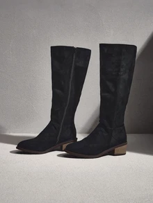 NobleVue Fall/Winter 2025 Fashion Match Tops, Plus Size Women Brown Suede Knee-High Boots With Zipper Side And Chunky Heel - Black - View 2