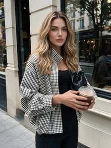 Women's Plaid Loose Short Jacket, Stand Collar With Pockets Long Sleeve Lightweight Coat - Black and White - View 1