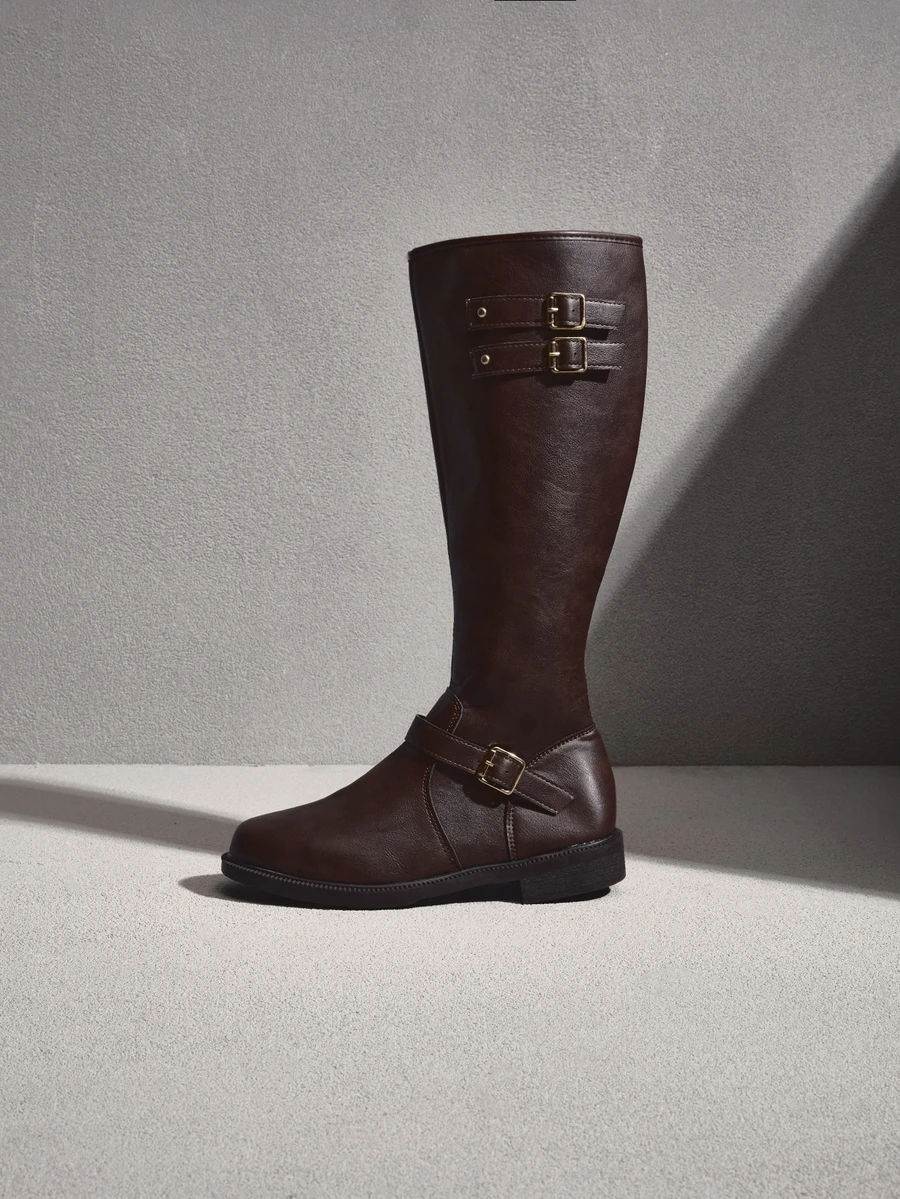NobleVue Women's Brown Buckle Decor Fashion Knee-High Boots, Fashionable Autumn - Brown - View 1