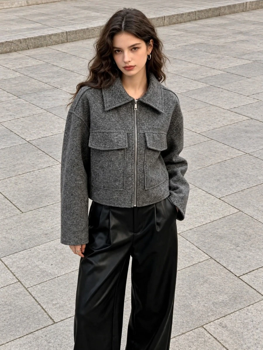 Fashion Commuter Faux Lamb Fur Collar Zipper Jacket | SHEIN USA