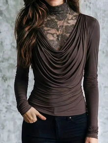 Atasan Wanita Fashion Sepanjang Musim Warna Cokelat Kopi dengan Kerah Renda Kontras dan Leher Berkerut - Coffee Brown - View 1